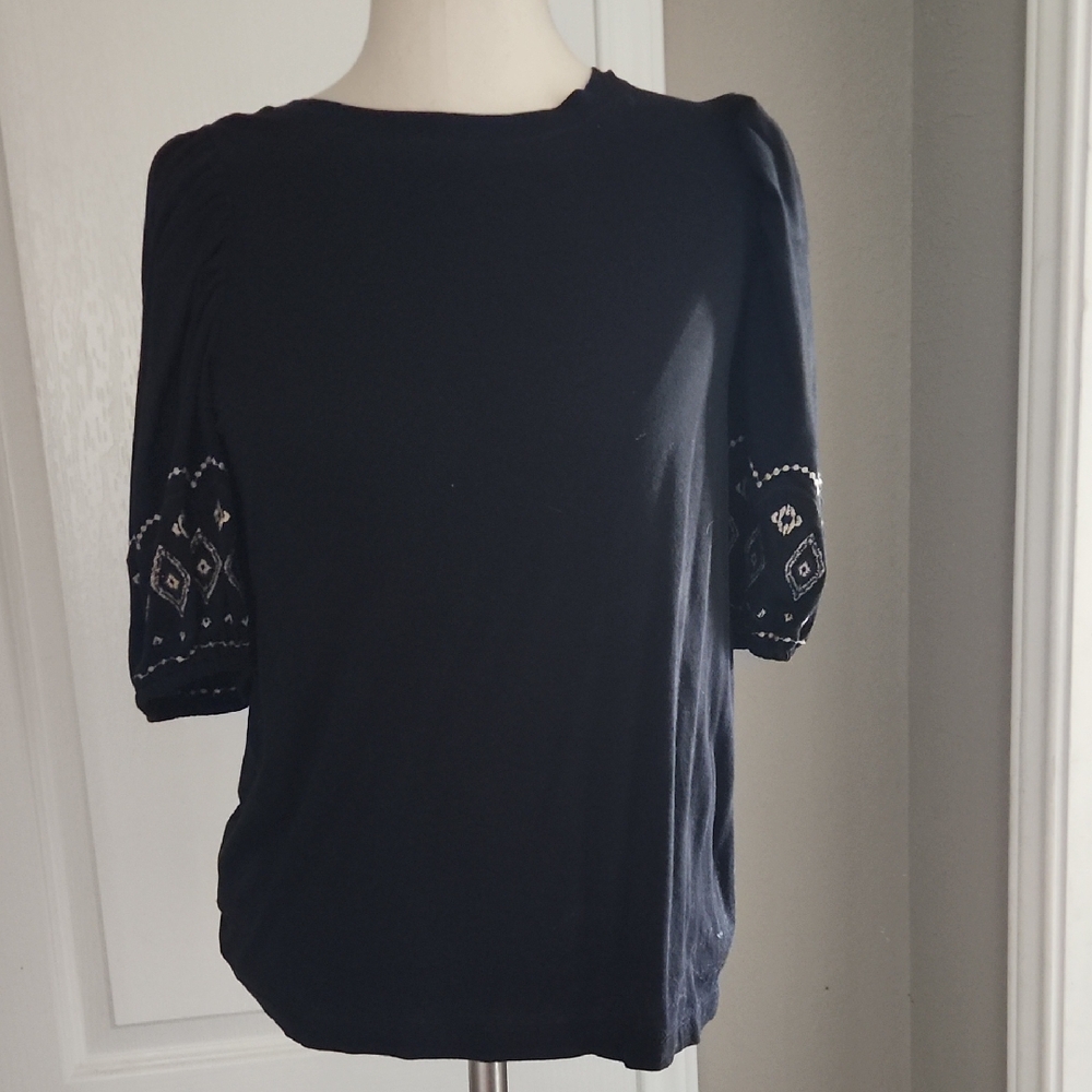 LOFT Black Top with Embroidered Sleeves